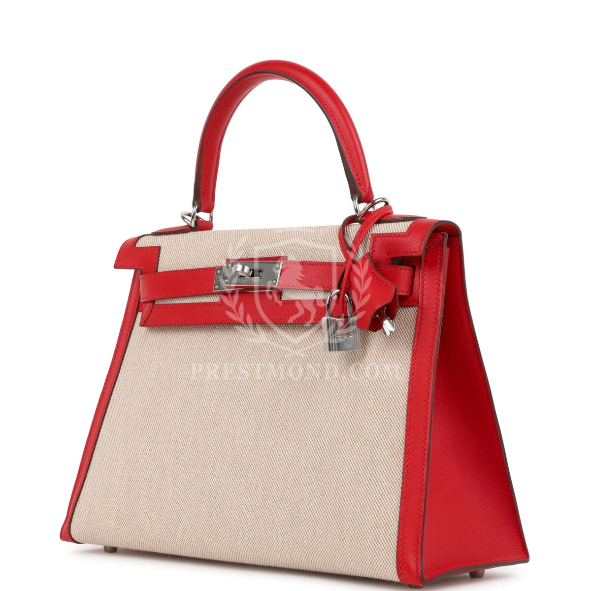 Hermes Kelly Sellier 28 Rouge De Coeur Swift and Beige-Ecru Toile H Canvas PHW — изображение 5