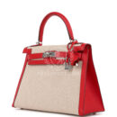 Hermes Kelly Sellier 28 Rouge De Coeur Swift and Beige-Ecru Toile H Canvas PHW